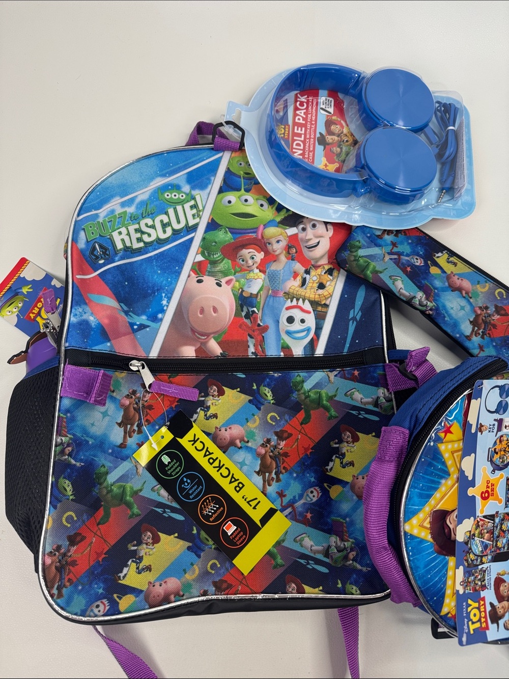 Disney Toy Story Backpack 6 piece set Blue Purple lunch bottle headphones NWT